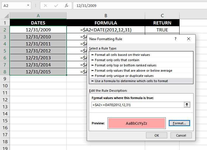 Excel DATE Function – How To Use 15 To shade the dates occurring after 12/21/2012 red, we will add another rule