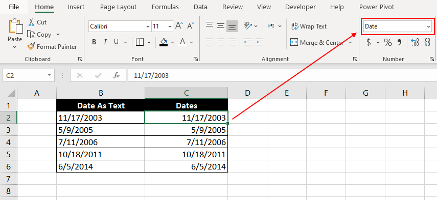 How to Convert Text or Numbers To Dates in Excel 3 cell will be formatted as a “Date” in the Number Format box in Excel’s Home tab