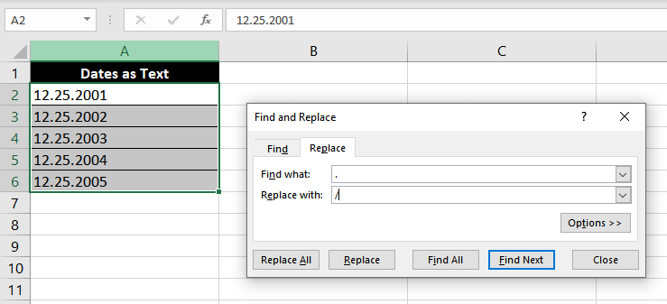 How to Convert Text or Numbers To Dates in Excel 9 Replace-Dot-With-Forward-slash-008