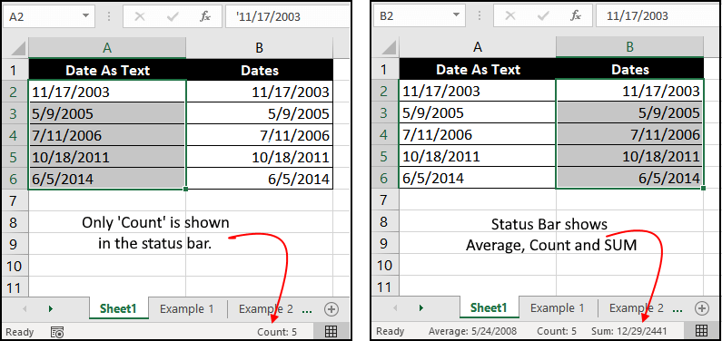 How to Convert Text or Numbers To Dates in Excel 4 select the list of dates, you should see Average, Count, and SUM computed in the status bar