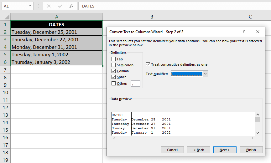 How to Convert Text or Numbers To Dates in Excel 14 Choose Delimited in the dialog box