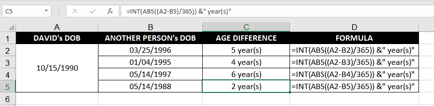 How to Calculate Age in Excel (7 Easy Formulas) 9 referencing cell B2 in the first argument and A2 in the second argument