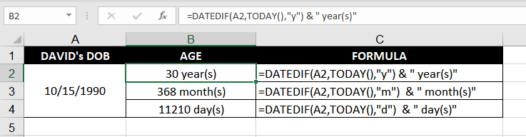 How to Calculate Age in Excel (7 Easy Formulas) 2 Calculating Age in Excel With the DATEDIF function