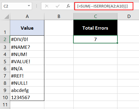 ISERROR function with the SUM function