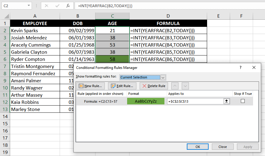 Excel YEARFRAC Function – How to Use 6 you will see your soon-to-retire employees' age light up in green
