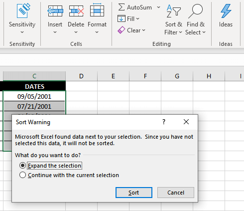 How to Sort By Date in Excel (Step-by-Step) 3 Sort-Expand-the-selection-Option