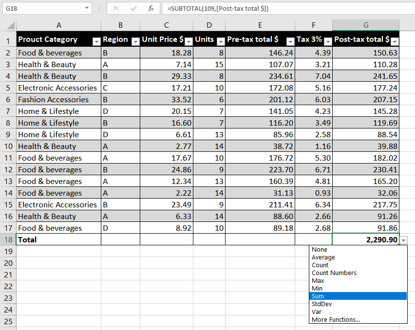 Customize Totals with the SUBTOTAL function