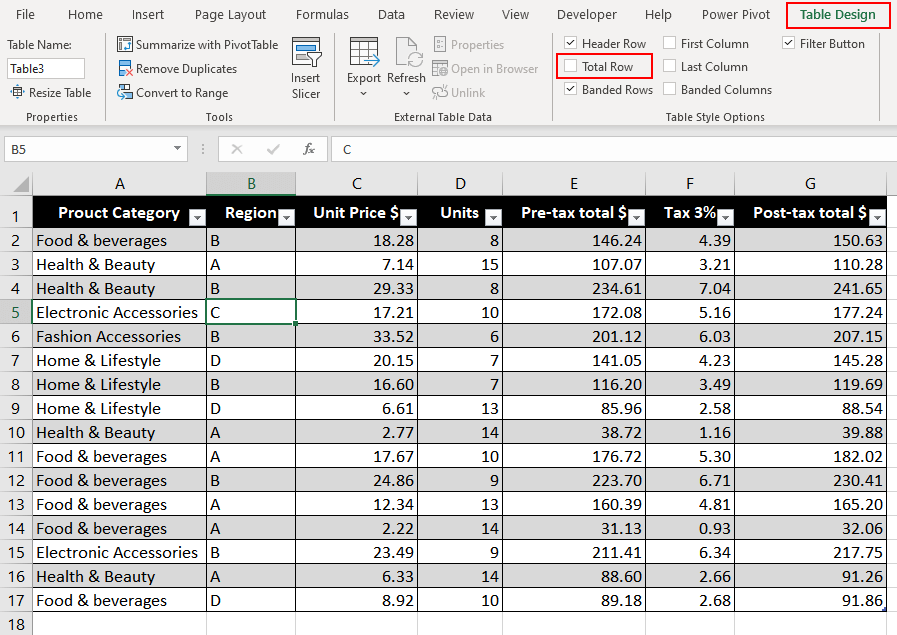 Adding Total Row from the Table Design Tab