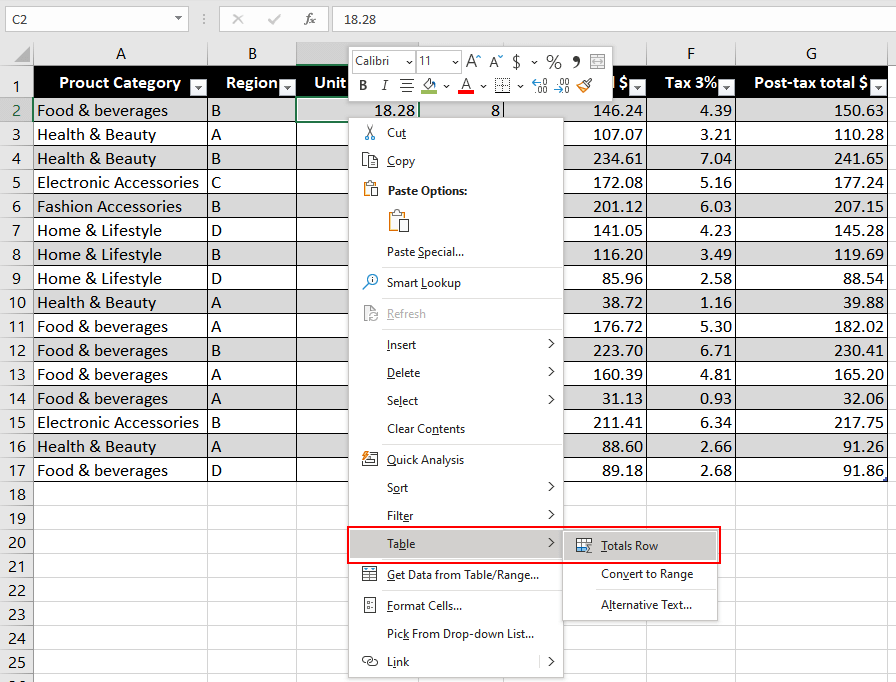Adding Total Row from the Right-click Context Menu