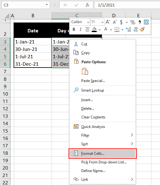 Get Day Of Week From Date in Excel (3 Quick & Easy Ways) 5 select Format Cells in the right-click context menu
