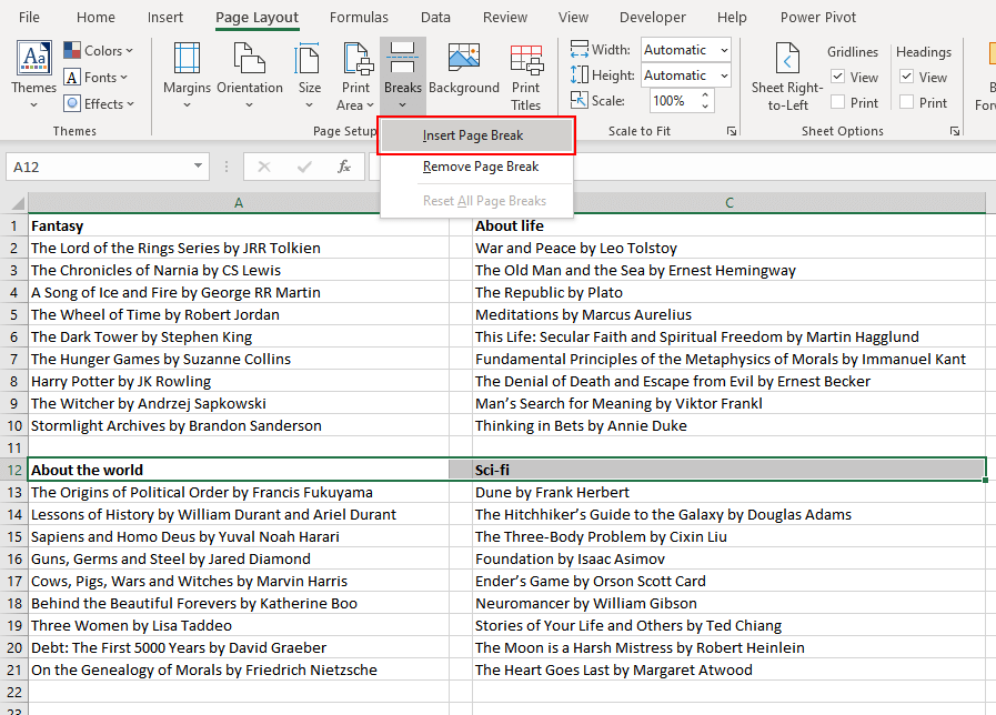 Excel Page Breaks - Guide to Add, View & Remove Page Breaks 5 Page Layout tab > Page Setup section > Breaks button > Insert Page Break