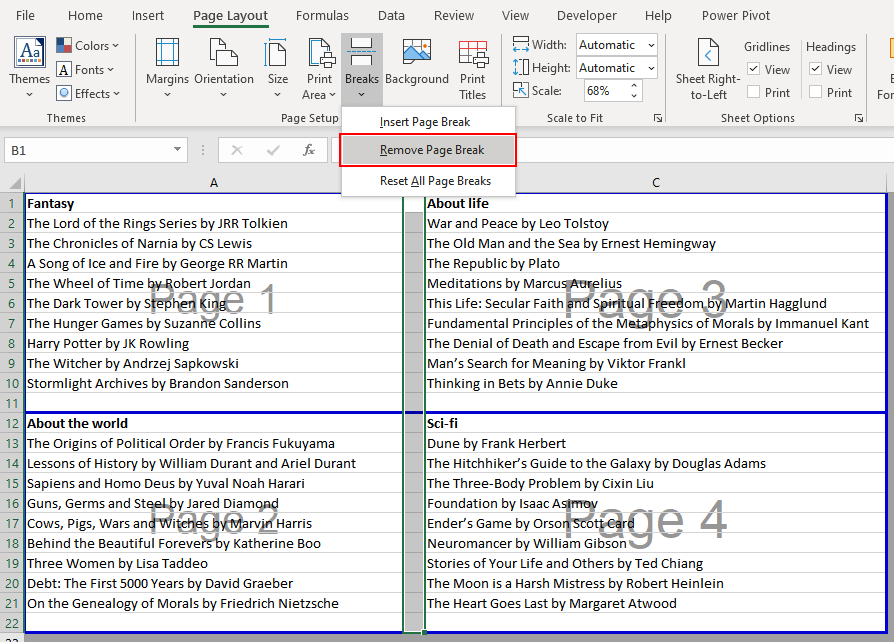 Excel Page Breaks - Guide to Add, View & Remove Page Breaks 21 Navigate to the Page Layout tab > Page Setup section > Breaks button > Remove Page Break option