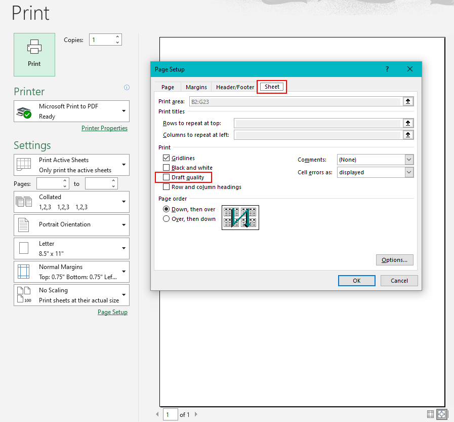 How to Print Gridlines in Excel - (Step-by-Step Guide) 20 Draft quality checkbox is unchecked