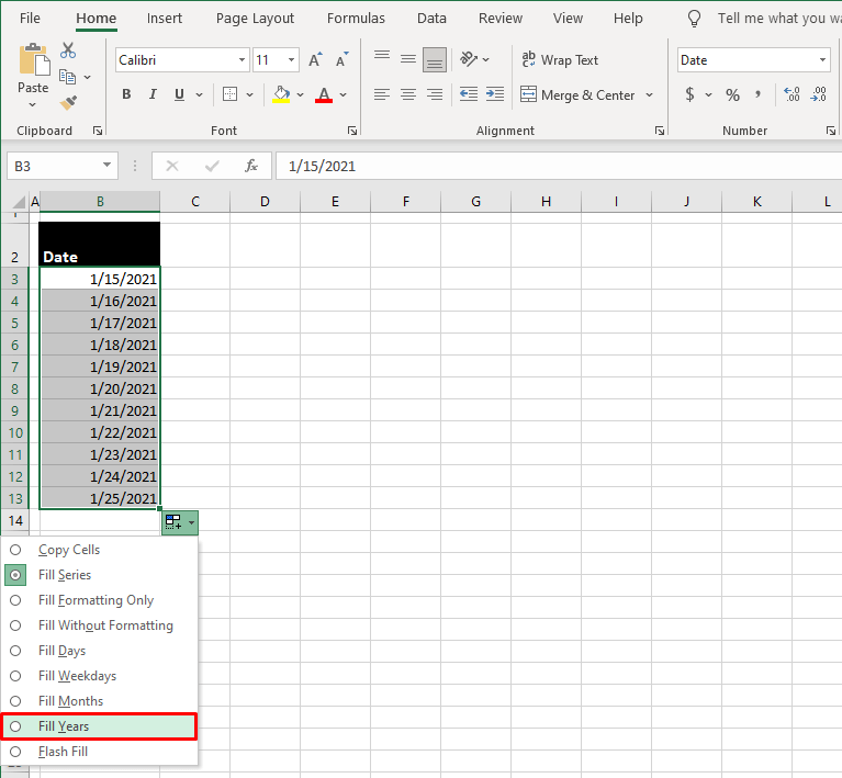 How to Autofill Dates in Excel (Autofill Days, Weekdays, Months & Years) 31 click on the Auto Fill Options icon
