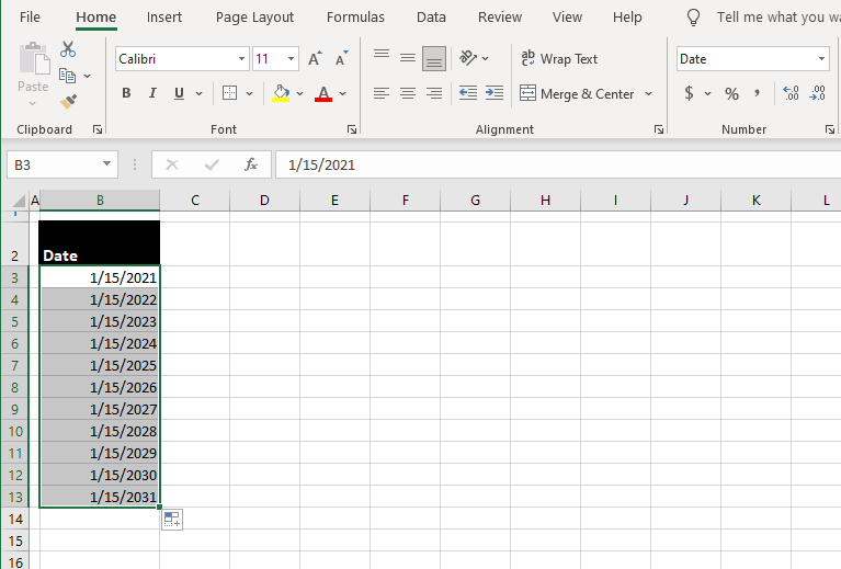 How to Autofill Dates in Excel (Autofill Days, Weekdays, Months & Years) 32 date and month (15/1) have remained constant while the years are in sequence