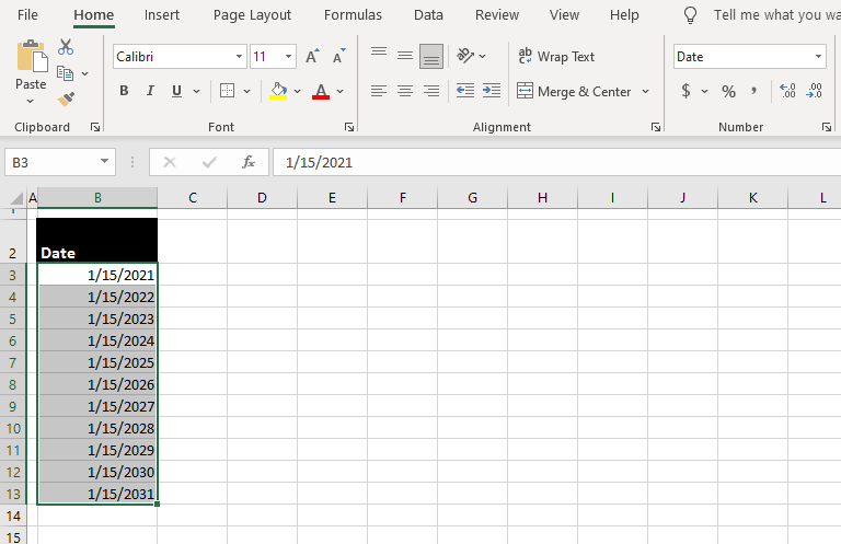 How to Autofill Dates in Excel (Autofill Days, Weekdays, Months & Years) 36 With the date and month 15/1 constant, there we have a series in years