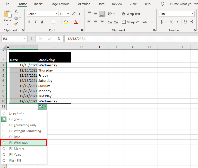 How to Autofill Dates in Excel (Autofill Days, Weekdays, Months & Years) 44 Autofill Weekday Sequence Using the Fill Handle