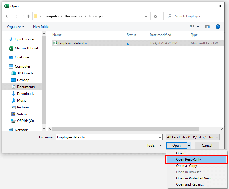How to Open Excel in Read-Only Mode (3 Quick & Easy Ways) 4 Open workbook as Read-Only Using Open Dialog