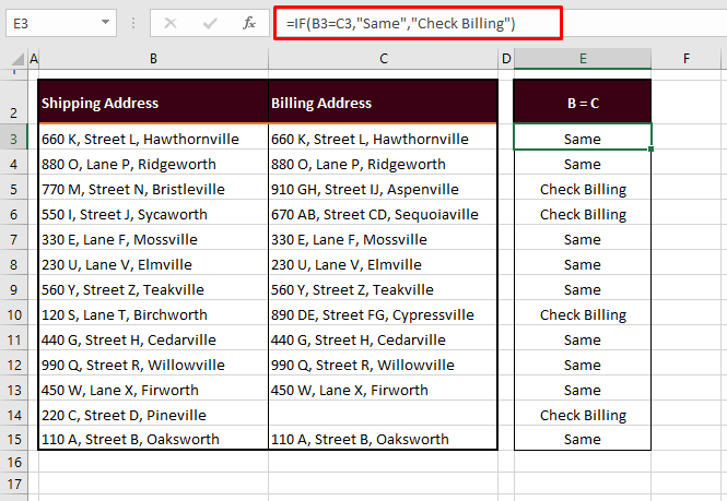How to Compare Two Columns in Excel (6 Quick & Easy Ways) 3 Compare Cells in the Same Row (side by side)