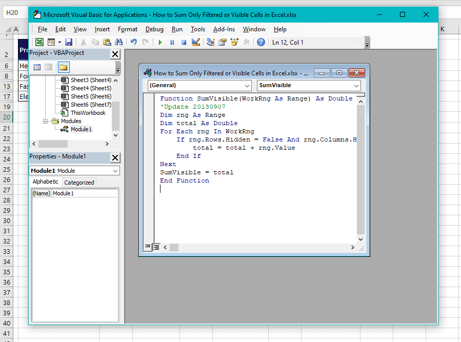 How to Sum Only Filtered or Visible Cells in Excel 11 Using User-Defined VBA Function