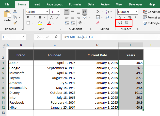 How to Calculate Years Between Two Dates in Excel 4 Using YEARFRAC Function
