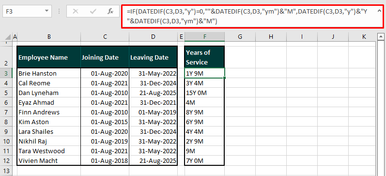 How to Calculate Years of Service in Excel (2 Easy Ways) 8 DATEDIF with IF Function