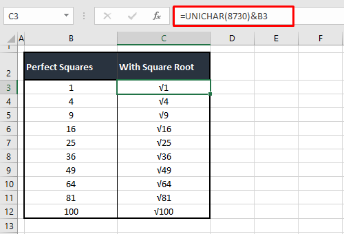 How to Insert Square Root Symbol (√) in Excel (6 Quick Ways) 10 Using UNICHAR Function
