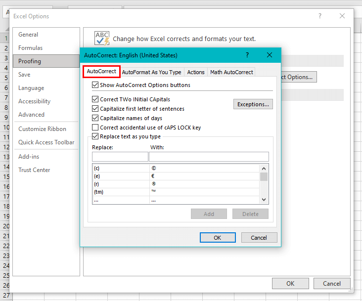 Excel AutoCorrect Feature – Enable, Disable & Add Exceptions 8 AutoCorrect Options Tab
