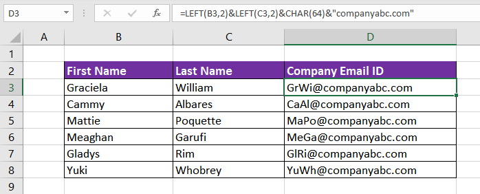 Excel CHAR Function – How To Use 8 Creating Email IDs of New Employees
