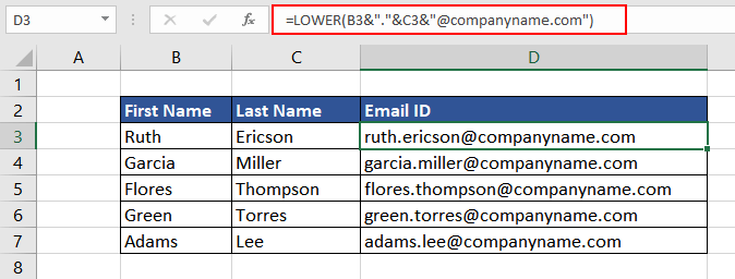 Excel LOWER Function – How To Use 8 Creating Email IDs using the LOWER Function