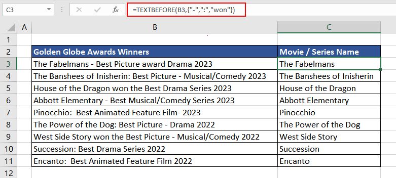 Excel TEXTBEFORE Function – How To Use 7 Extracting Movie Names using TEXTBEFORE Function