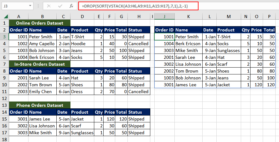 Excel DROP Function – How To Use 14 Example 4 - Combining Ranges and Dropping Rows or Columns