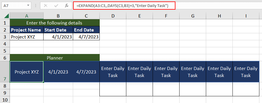 Excel EXPAND Function – How To Use 10 Example 3 - Creating Planner Using EXPAND Function