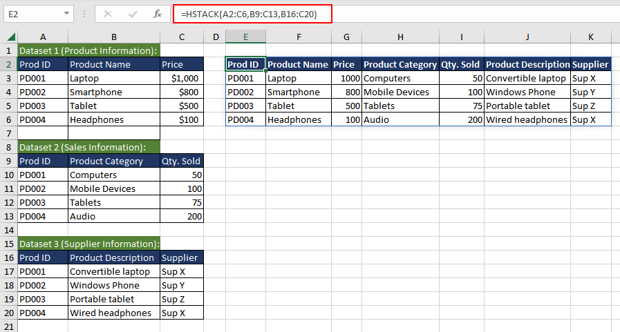 Excel HSTACK Function – How To Use 4 Example 1 - Simple Use of HSTACK Function