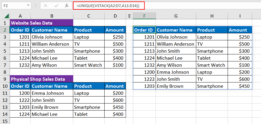 Excel VSTACK Function – How To Use 10 Example 3 - Combining Unique Array Using VSTACK Function