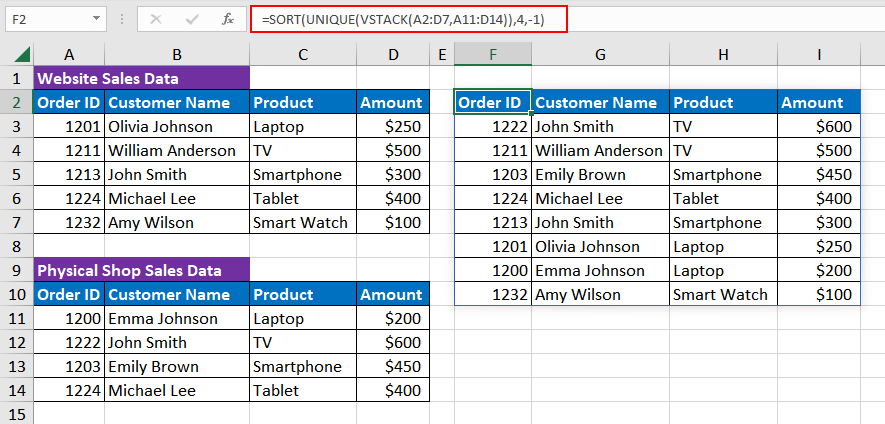 Excel VSTACK Function – How To Use 11 Example 3 - Combining Unique Array Using VSTACK Function