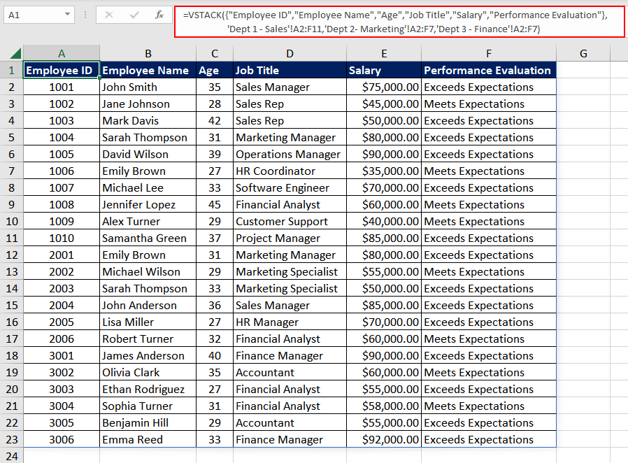 Excel VSTACK Function – How To Use 14 Example 4 - Merging Data Across Worksheets Using VSTACK Function
