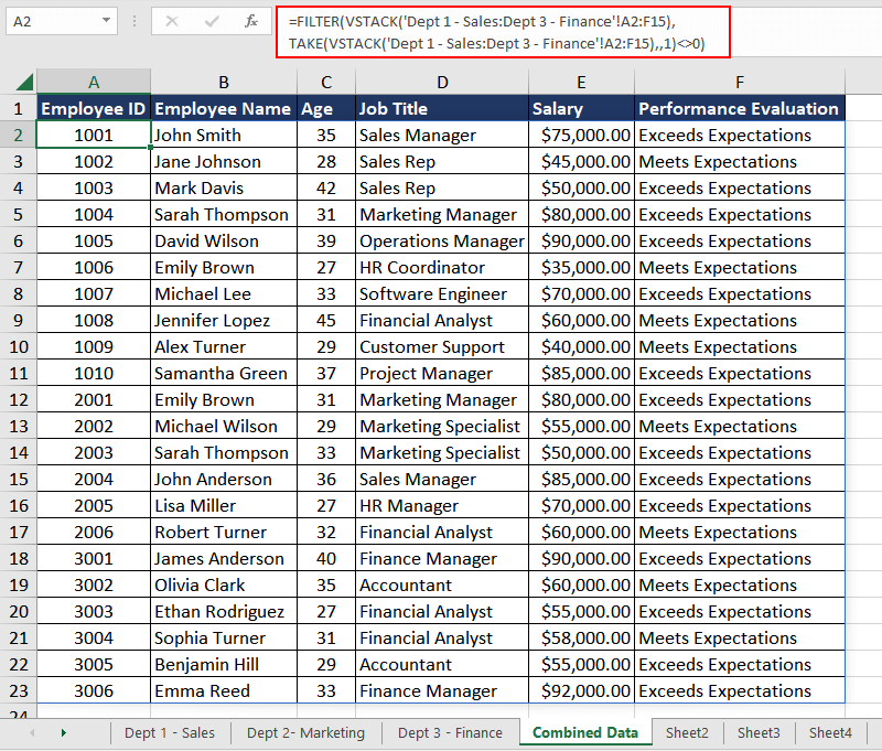 Excel VSTACK Function – How To Use 16 Example 4 - Merging Data Across Worksheets Using VSTACK Function