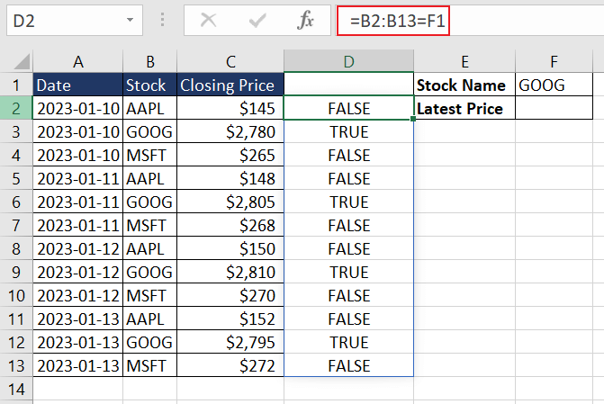 Identifying Latest Stock Prices with LOOKUP Function