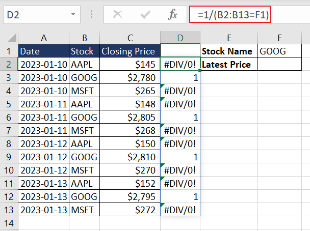 Identifying Latest Stock Prices with LOOKUP Function